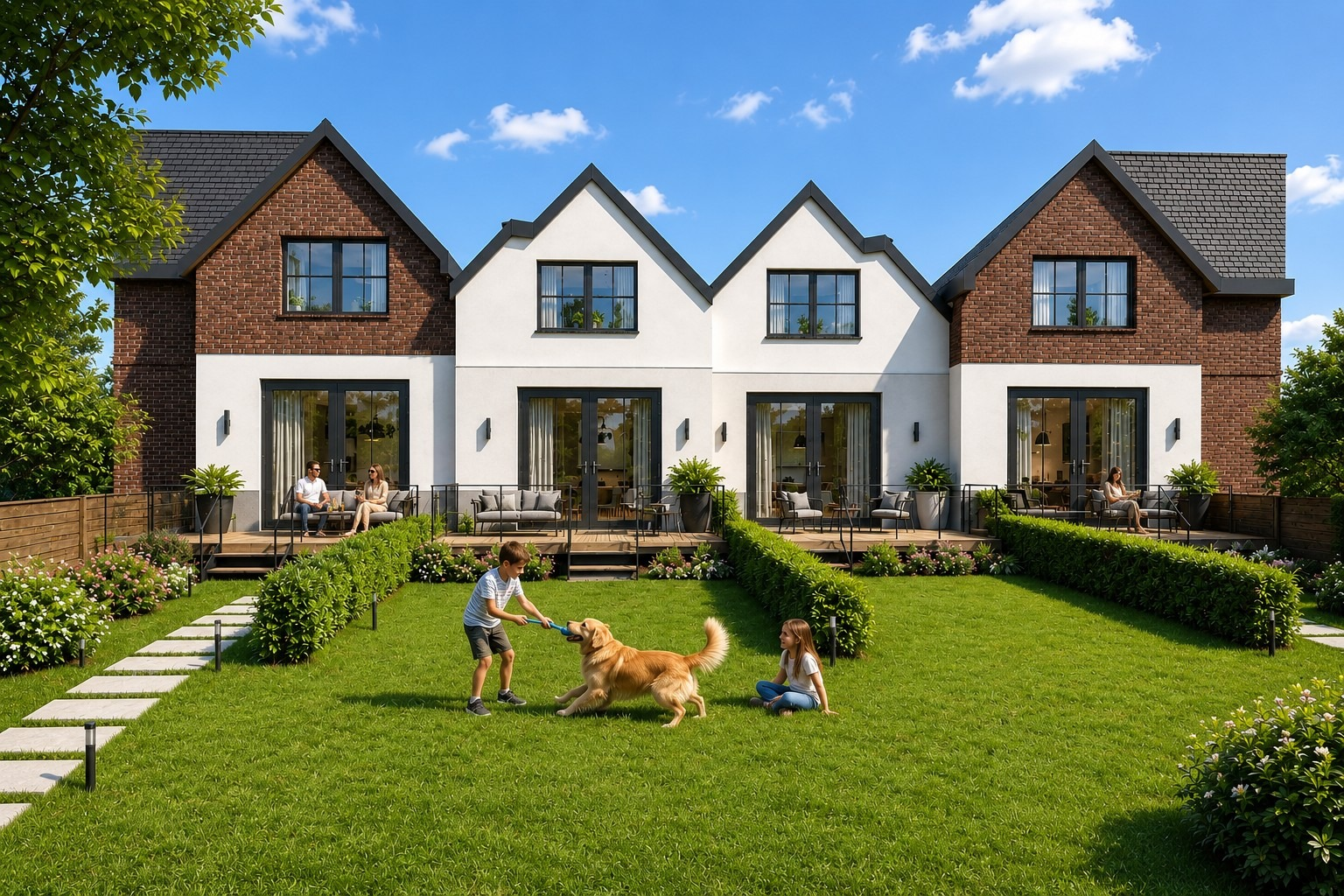 Visualisierung · Gartenseite mit privaten Terrassen
