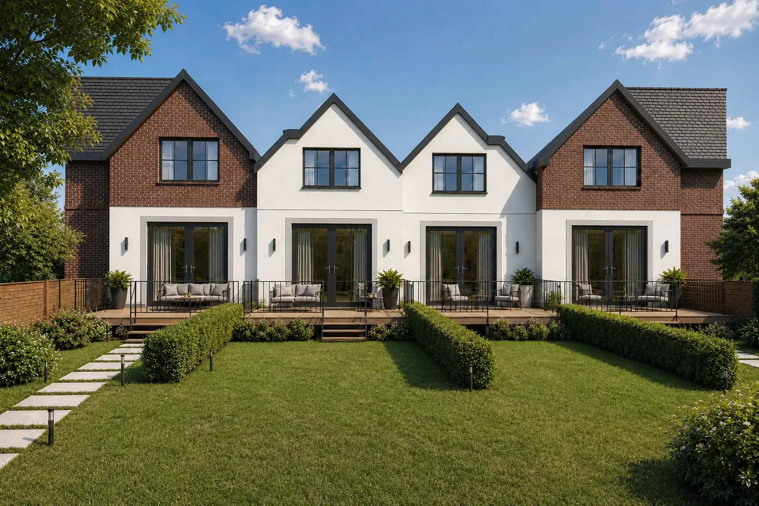 Visualisierung · Gartenseite mit privaten Terrassen
